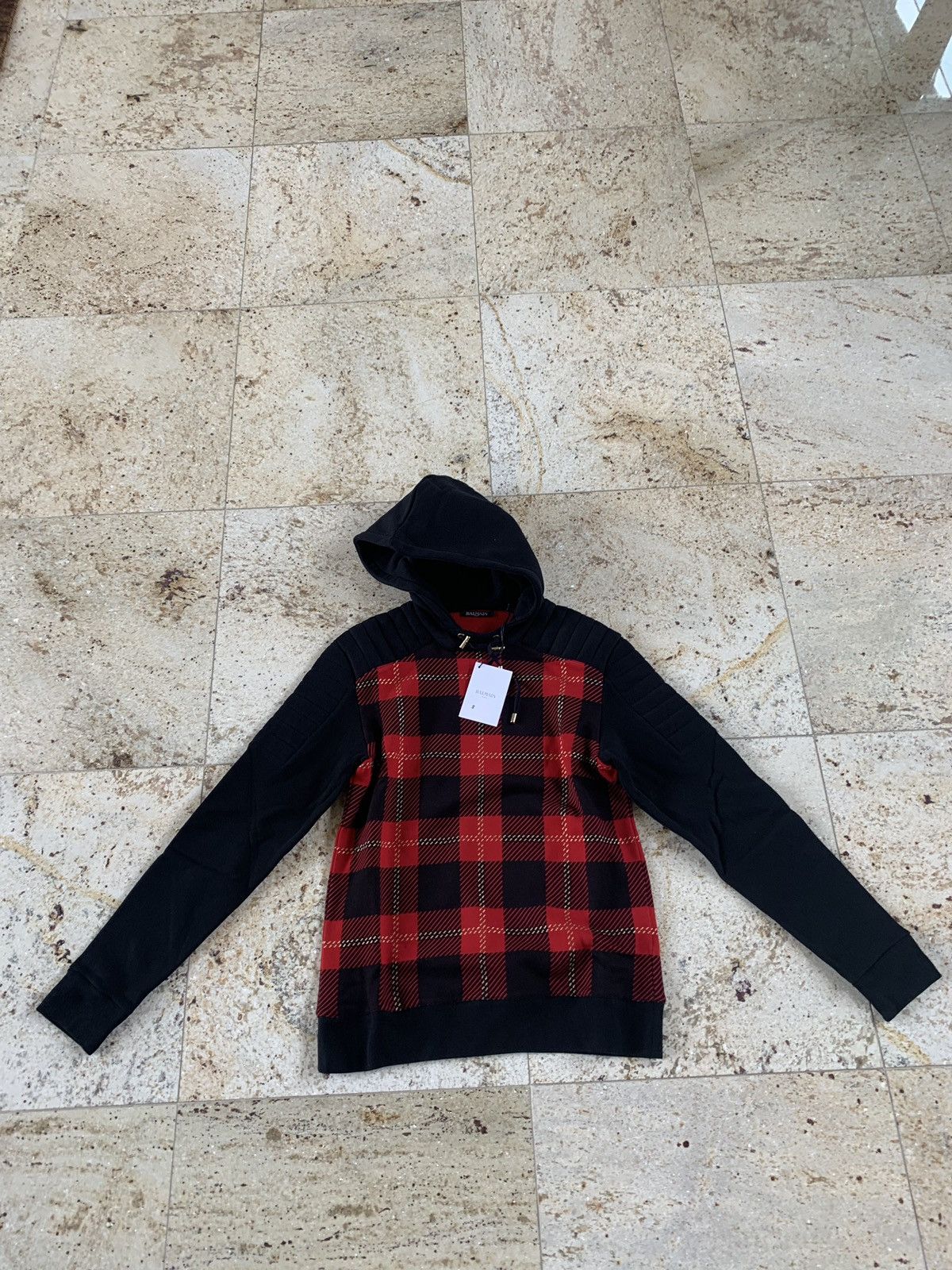 Balmain Black Red Tartan Pullover Hoodie TOP DRWR