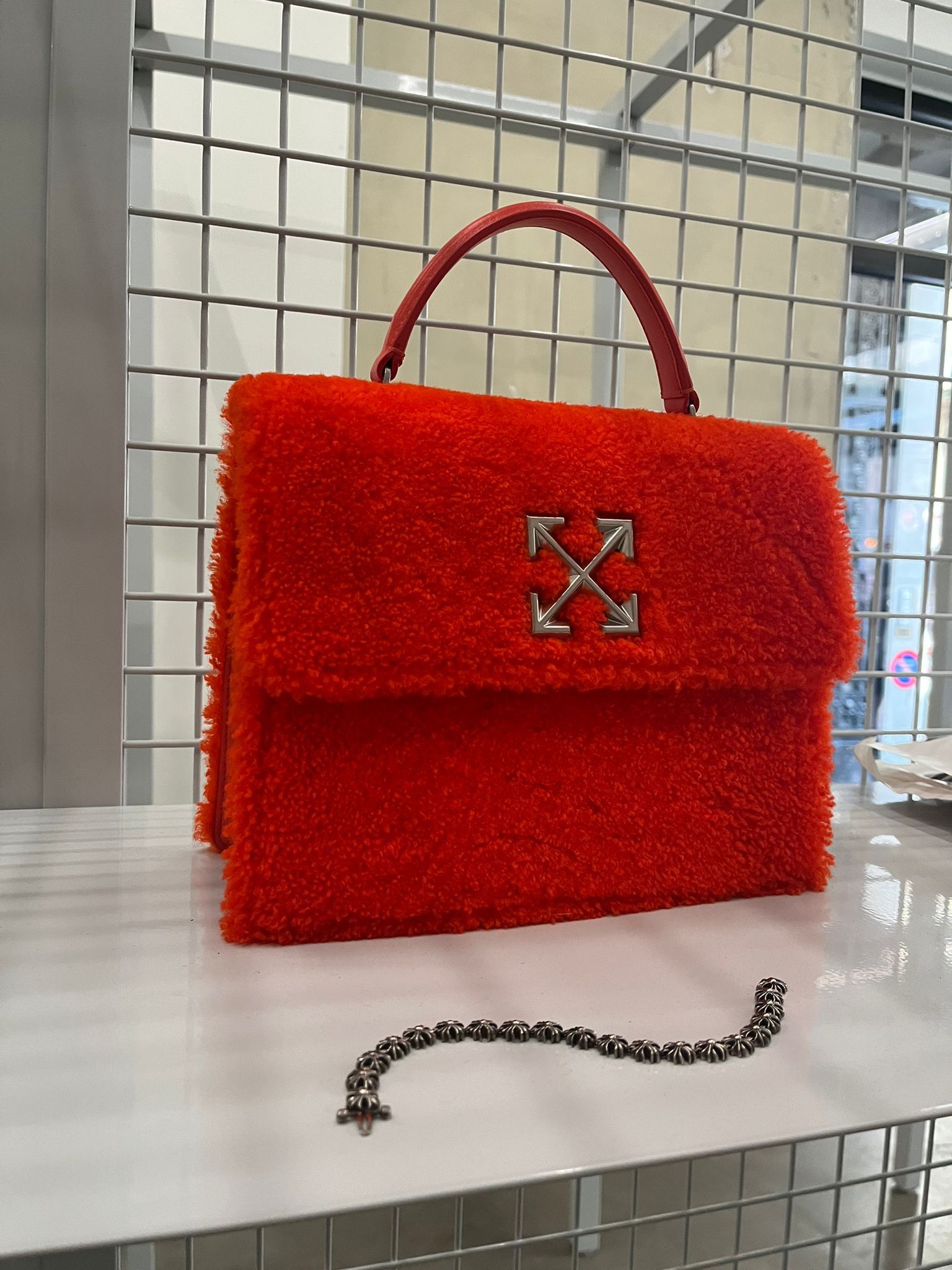 Off White Furry Bag With Strap in Orange TOP DRWR