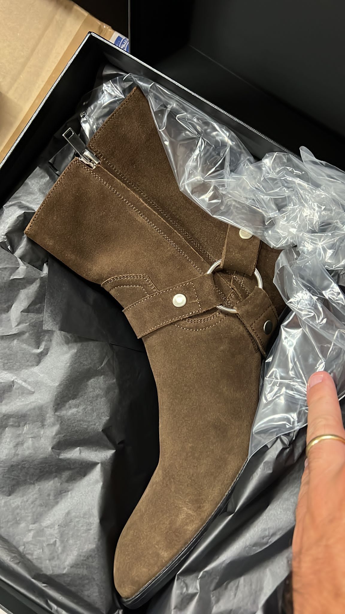 Saint Laurent Paris CHECKSIM Wyatt Harness Boots in Brown TOP DRWR