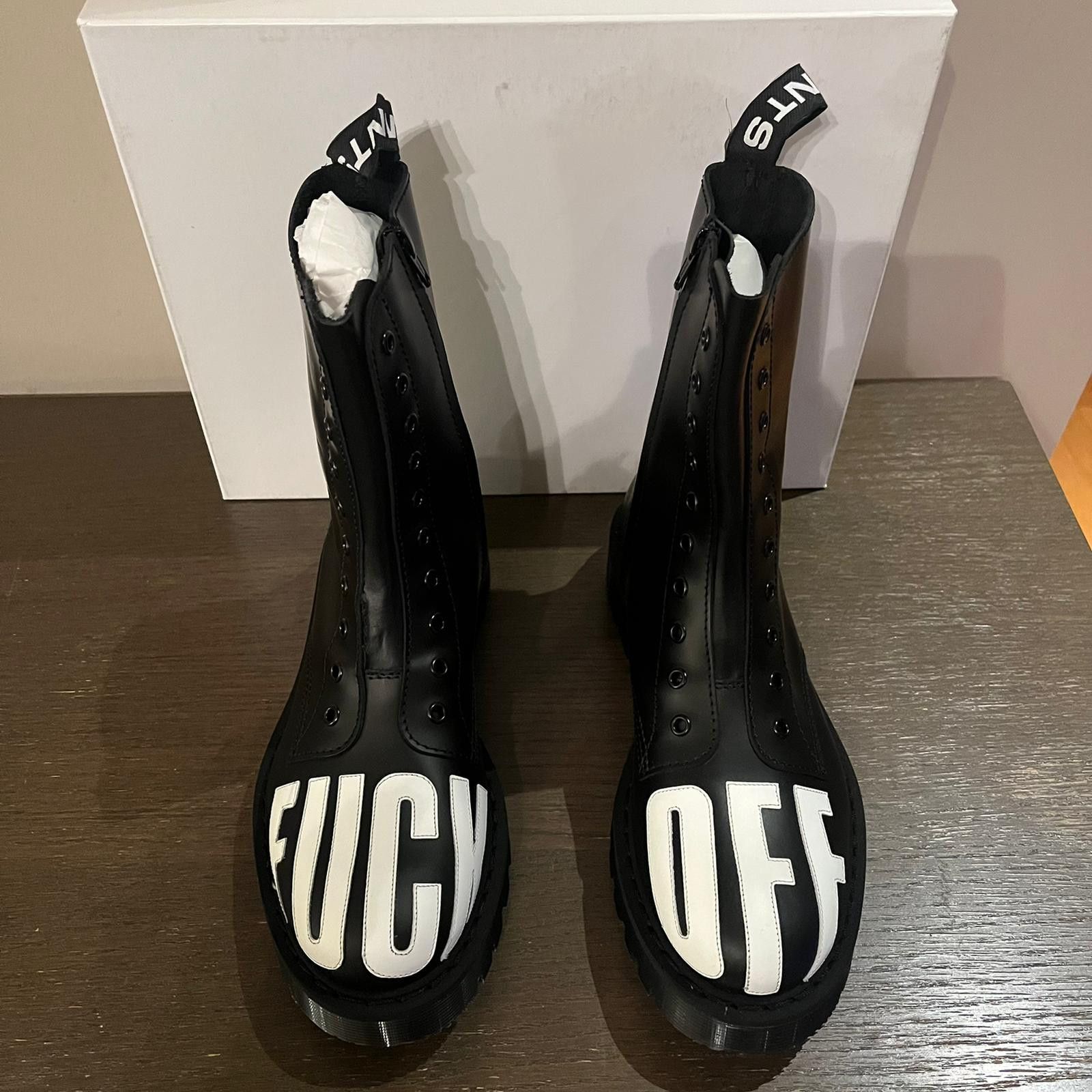 Vetements Fuck Off Army Boots in Black TOP DRWR