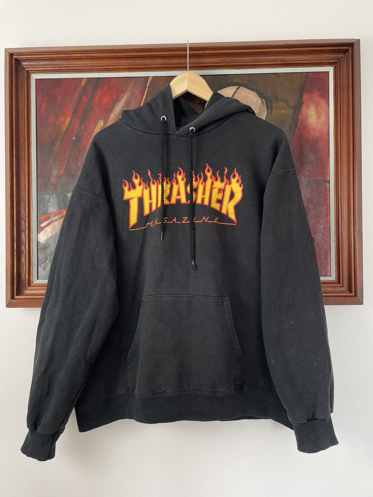 Vintage thrasher skate hoodie flame logo streetwear hype TOP DRWR